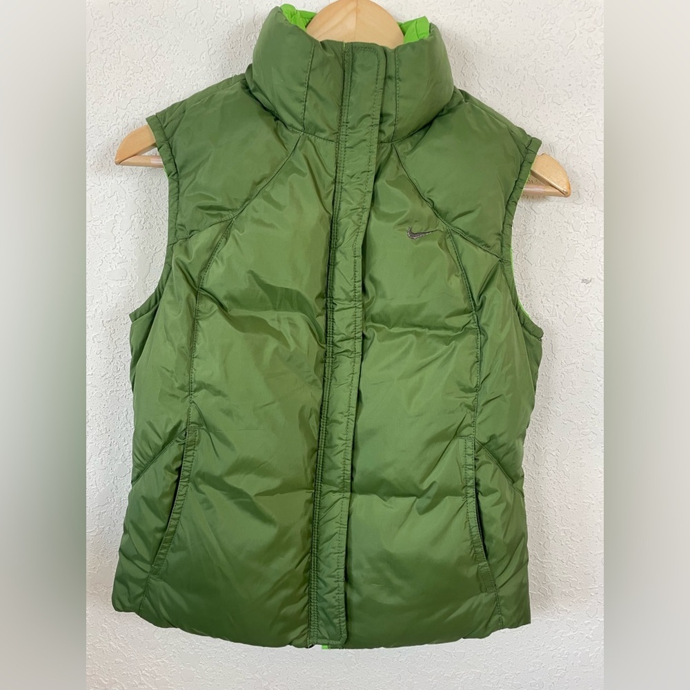 Girls Nike Puffer down Vest Reversible  - Olive Green and Bright Lime Green.